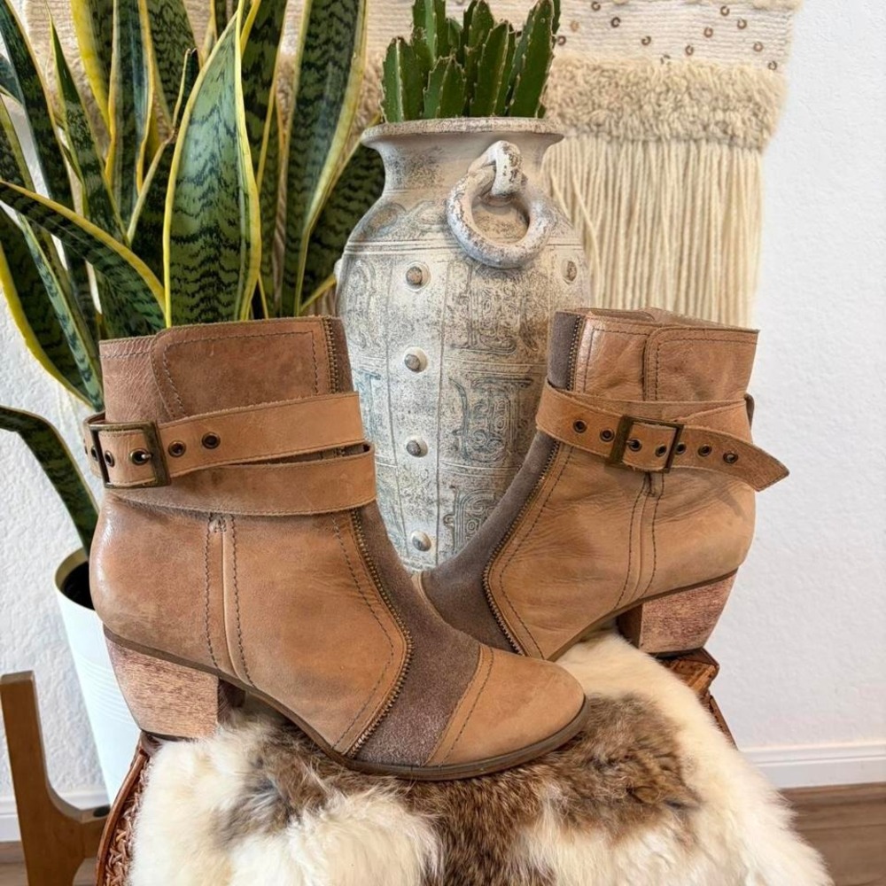 Tan and brown genuine leather and suede harness buckle boots